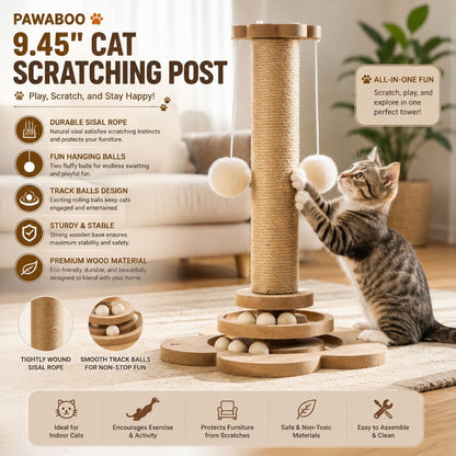 Pawaboo 9.45'' Cat Scratching Post, Cat Scratcher Tree Tower Scratching Posts for Indoor Cats, Sisal Kitten Scratch Posts Trees with Hanging Fluffy Balls and Track Balls, Furniture Protector Cat Toys Wood