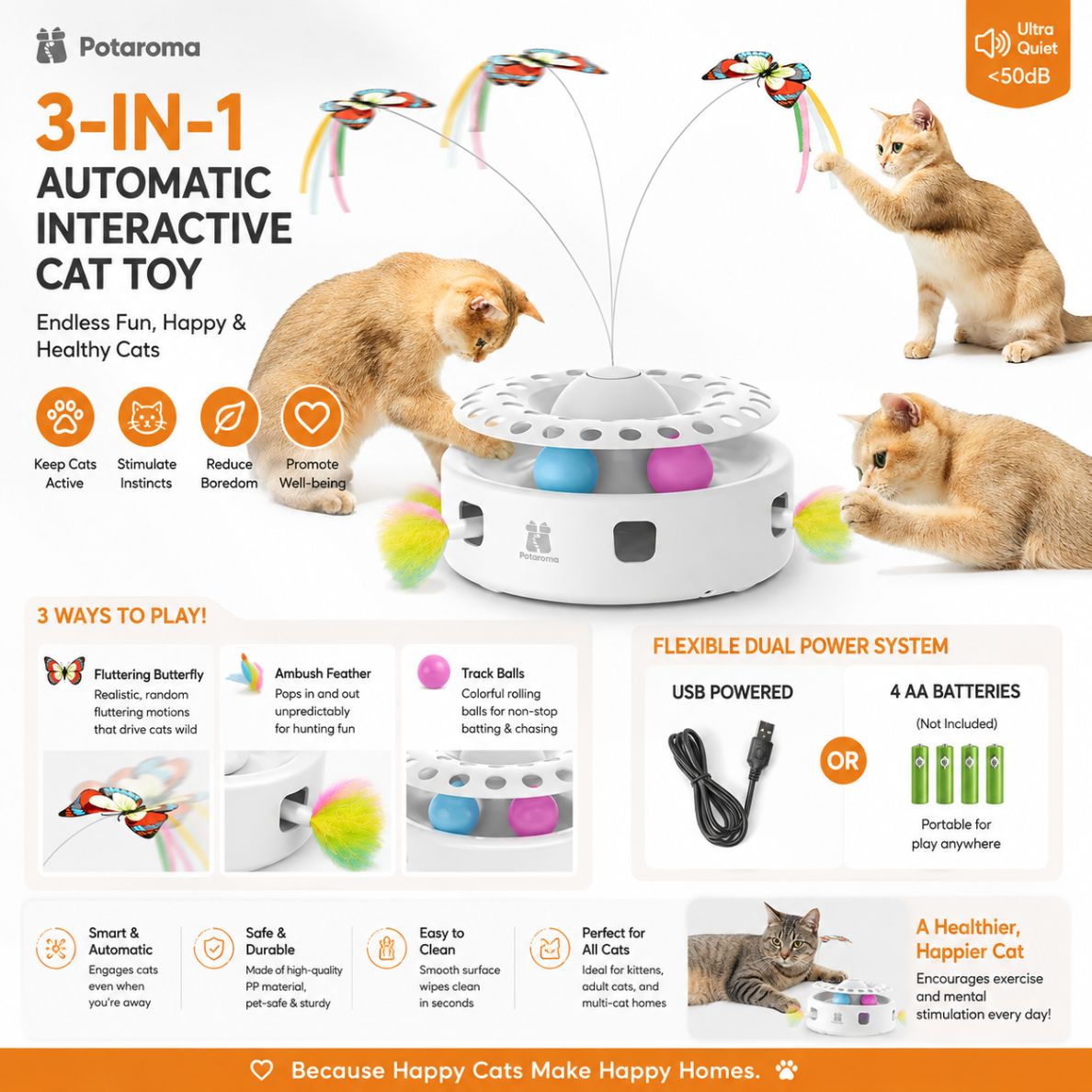 Potaroma Premium 3-In-1 Automatic Interactive Cat Toy, Fluttering Butterfly, Ambush Feather, Track Balls, Dual Power, USB Powered, Indoor Enrichment Toy for Kittens & Cats, Polypropylene, 4 Aa Batteries, Flexible Dual Power System, Healthy Activity Levels