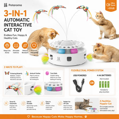 Potaroma Premium 3-In-1 Automatic Interactive Cat Toy, Fluttering Butterfly, Ambush Feather, Track Balls, Dual Power, USB Powered, Indoor Enrichment Toy for Kittens & Cats, Polypropylene, 4 Aa Batteries, Flexible Dual Power System, Healthy Activity Levels