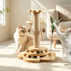 Solid Wood Cat Scratching Post Activity Center Natural Sisal Wrap Multi-Layer Turntable Platform With Rolling Catnip Balls Hanging Pom-poms & Spring Feather Toy Interactive Grinding Claw Play Tower For Indoor Cats