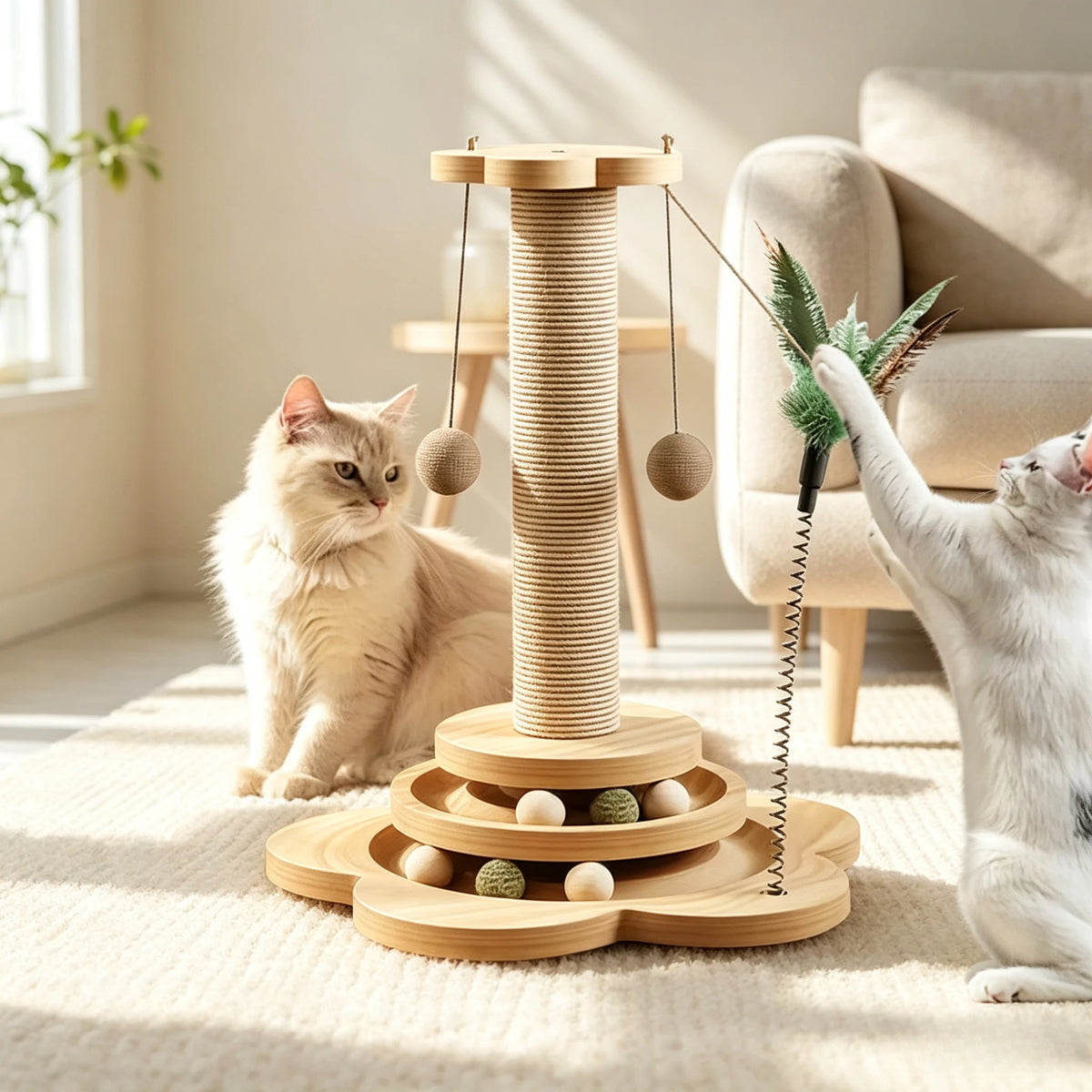 Solid Wood Cat Scratching Post Activity Center Natural Sisal Wrap Multi-Layer Turntable Platform With Rolling Catnip Balls Hanging Pom-poms & Spring Feather Toy Interactive Grinding Claw Play Tower For Indoor Cats