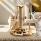 Solid Wood Cat Scratching Post Activity Center Natural Sisal Wrap Multi-Layer Turntable Platform With Rolling Catnip Balls Hanging Pom-poms & Spring Feather Toy Interactive Grinding Claw Play Tower For Indoor Cats