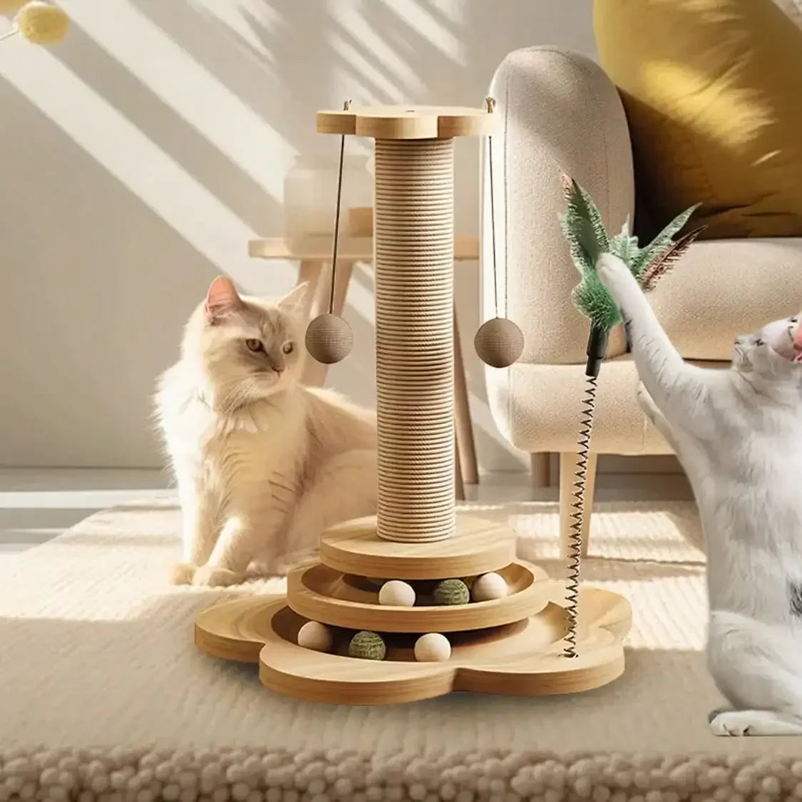 Solid Wood Cat Scratching Post Activity Center Natural Sisal Wrap Multi-Layer Turntable Platform With Rolling Catnip Balls Hanging Pom-poms & Spring Feather Toy Interactive Grinding Claw Play Tower For Indoor Cats