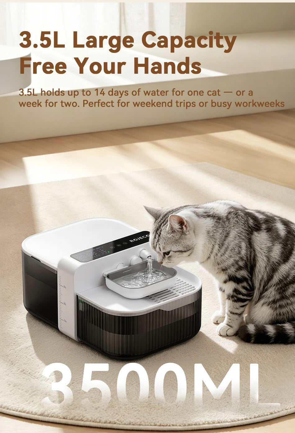 ROJECO 3.5L Wireless Pet Water Fountain Cat Water Dispenser 2000mAh Automatic Sewage Separation Cat Drinking Fountain Supplies