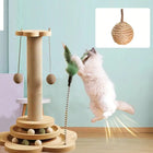 Solid Wood Cat Scratching Post Activity Center Natural Sisal Wrap Multi-Layer Turntable Platform With Rolling Catnip Balls Hanging Pom-poms & Spring Feather Toy Interactive Grinding Claw Play Tower For Indoor Cats
