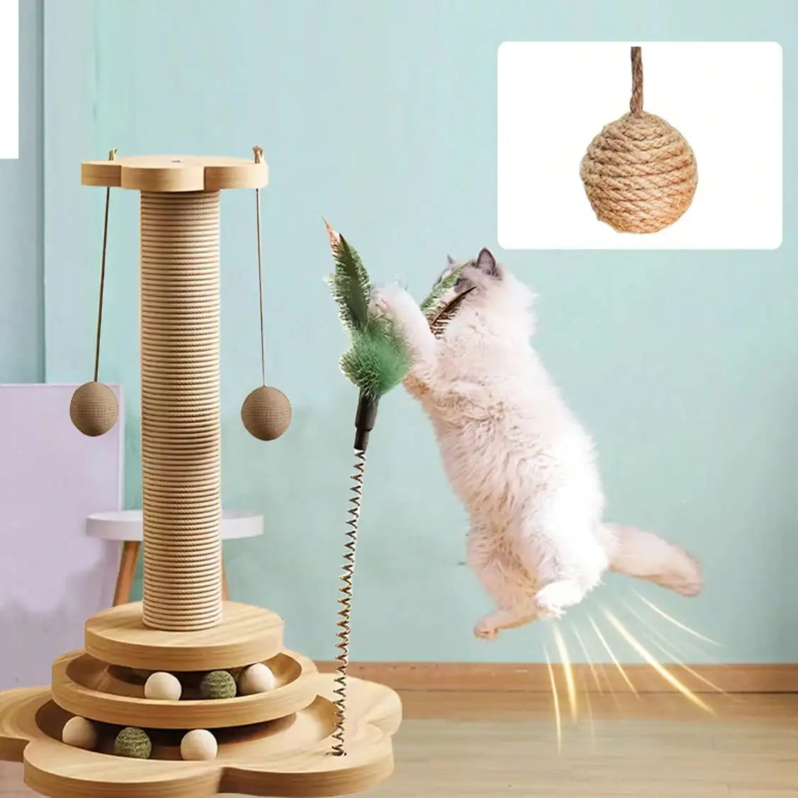 Solid Wood Cat Scratching Post Activity Center Natural Sisal Wrap Multi-Layer Turntable Platform With Rolling Catnip Balls Hanging Pom-poms & Spring Feather Toy Interactive Grinding Claw Play Tower For Indoor Cats