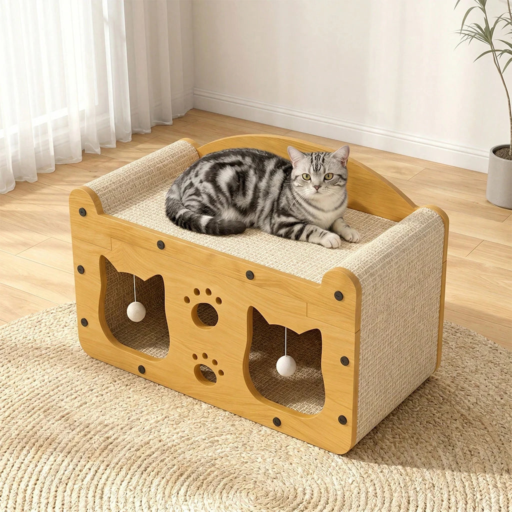 2-in-1 Cat Scratcher Bed House with Dangling Toys – Replaceable Corrugated Cardboard, Sisal Surface, Wooden Frame, for Play Sleep & Scratch, Indoor Cats