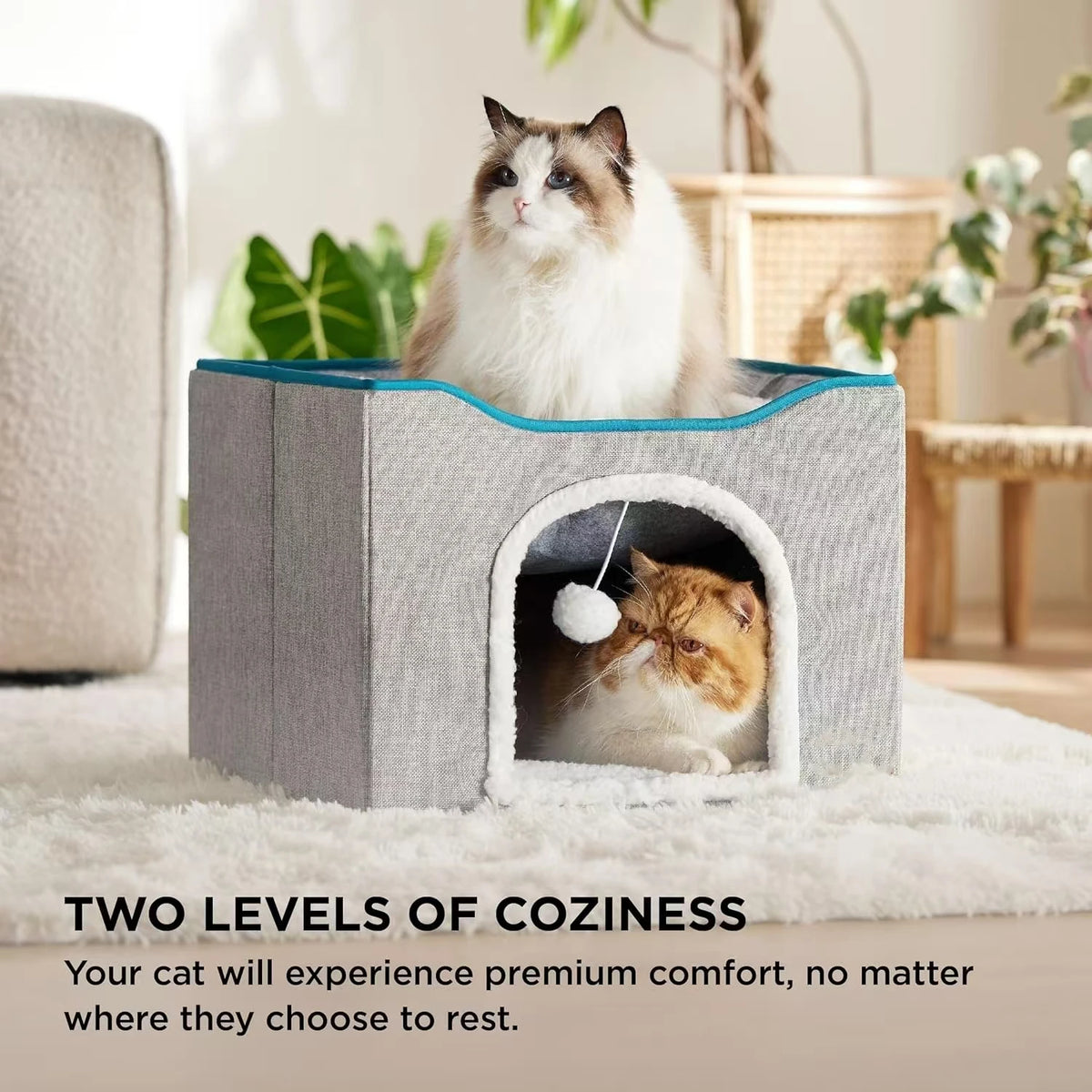 Cat Beds For Indoor Cats - Large Cat Cave For Pet Cat House With Fluffy Ball Hanging And Scratch Pad, Foldable Cat Hideaway, 16.5x16.5x13 Inches, Grey