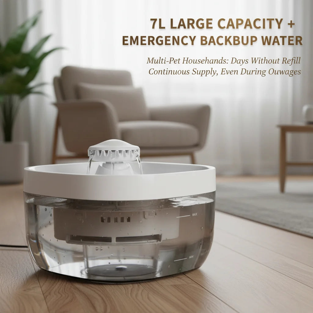 Pet Water Fountain 1.85Gal Large Capacity, Ultra-Quiet 30dB Cat Drinking Dispenser with 2 Filters, 5V USB Pump Auto Circulating, Anti-Dry Burn for Dogs Cats, White