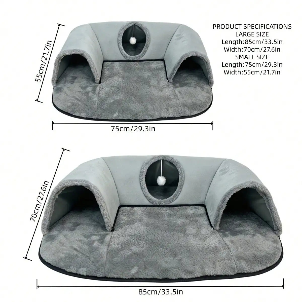 2 In 1 Cat Tunnel Bed With Soft Plush Cushion Multisize Warm Hideaway Cave With Hanging Pom-pom Toy Interactive Play Rest House Washable Pet Sleeping Mat For Kitten Small Indoor Cats