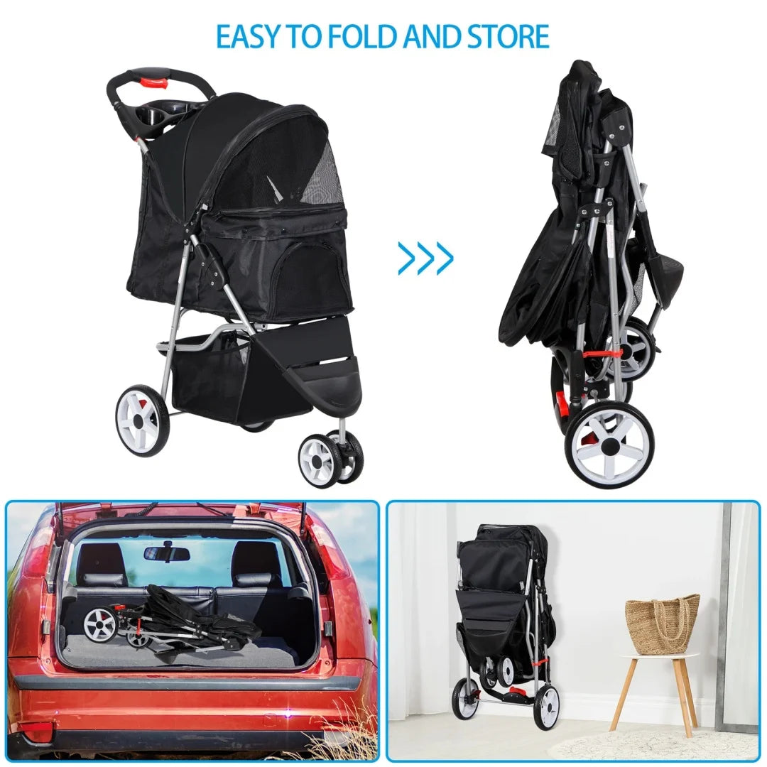 Dog Stroller 3/4-Wheels w/Storage Basket & Cup Holder Foldable Cat Pet Stroller