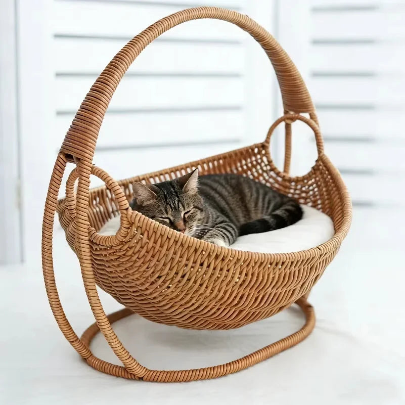 Faux Woven Cat Bed Semi Enclosed Cat Cave Bed Waterproof Indoor Cat House Basket Style Pet Bed for Cats