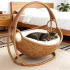 Faux Woven Cat Bed Semi Enclosed Cat Cave Bed Waterproof Indoor Cat House Basket Style Pet Bed for Cats