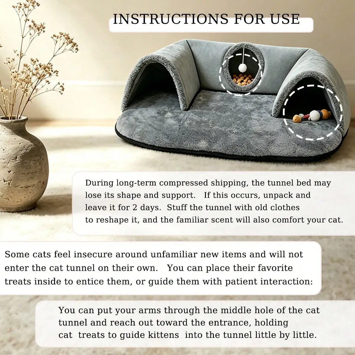 2 In 1 Cat Tunnel Bed With Soft Plush Cushion Multisize Warm Hideaway Cave With Hanging Pom-pom Toy Interactive Play Rest House Washable Pet Sleeping Mat For Kitten Small Indoor Cats