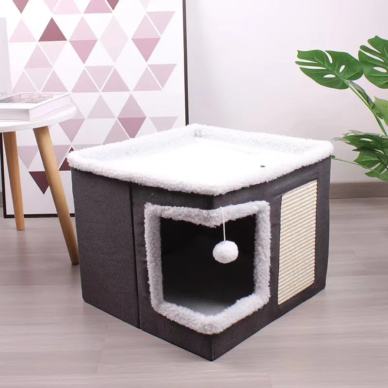 Cat Beds For Indoor Cats - Large Cat Cave For Pet Cat House With Fluffy Ball Hanging And Scratch Pad, Foldable Cat Hideaway, 16.5x16.5x13 Inches, Grey