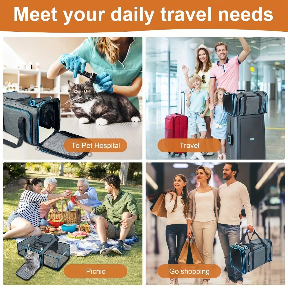 Dog Cat Pet Carrier Bag Foldable Travel Dog Carrier Two Side Expandable Pet Carrier Backpack Pet Travel Carrier