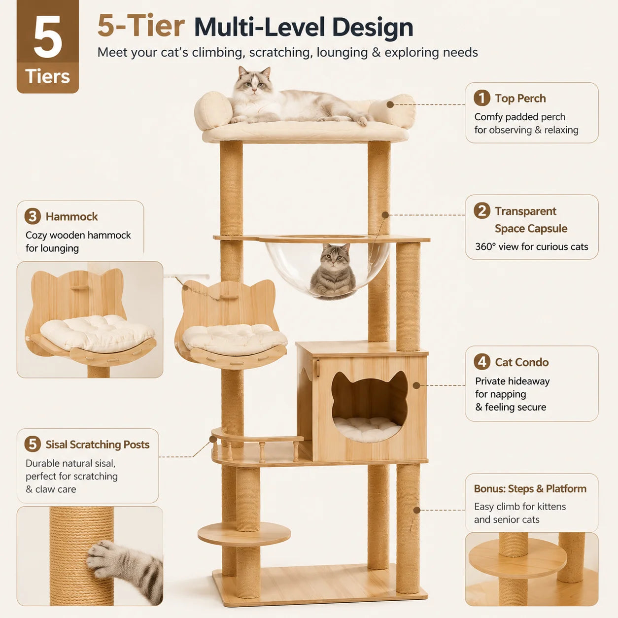 5-Tier 55' Cat Tree with Hammock & Transparent Space Capsule, Wooden Cat Tower with Scratching Posts, Cozy Multi-Level Activity Center for Indoor Cats 140cm