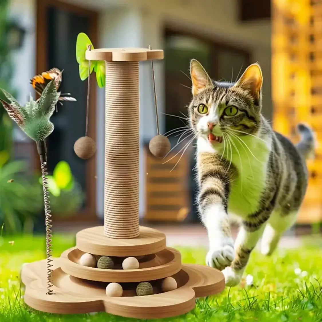 Solid Wood Cat Scratching Post Activity Center Natural Sisal Wrap Multi-Layer Turntable Platform With Rolling Catnip Balls Hanging Pom-poms & Spring Feather Toy Interactive Grinding Claw Play Tower For Indoor Cats