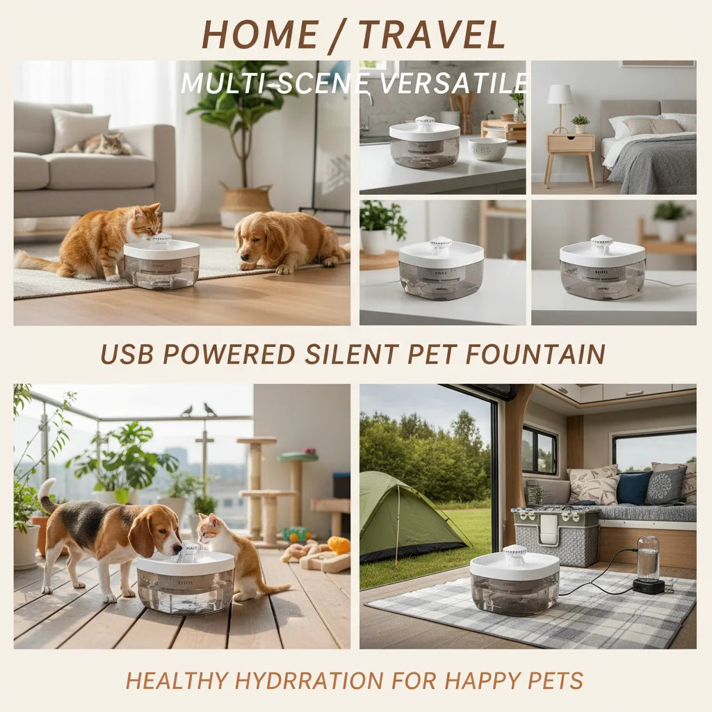 Pet Water Fountain 1.85Gal Large Capacity, Ultra-Quiet 30dB Cat Drinking Dispenser with 2 Filters, 5V USB Pump Auto Circulating, Anti-Dry Burn for Dogs Cats, White