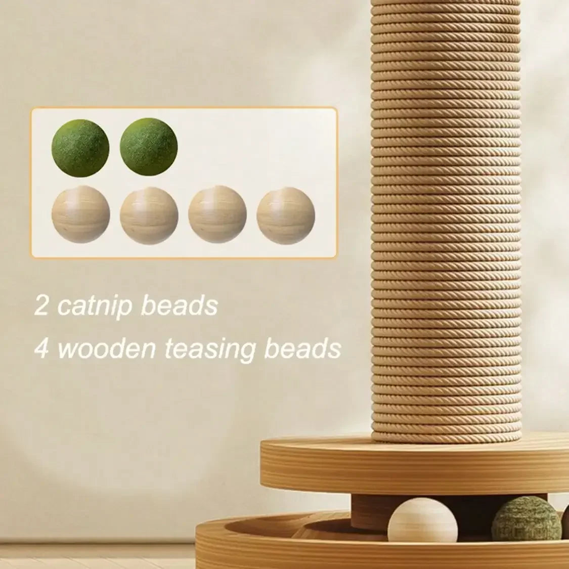 Solid Wood Cat Scratching Post Activity Center Natural Sisal Wrap Multi-Layer Turntable Platform With Rolling Catnip Balls Hanging Pom-poms & Spring Feather Toy Interactive Grinding Claw Play Tower For Indoor Cats