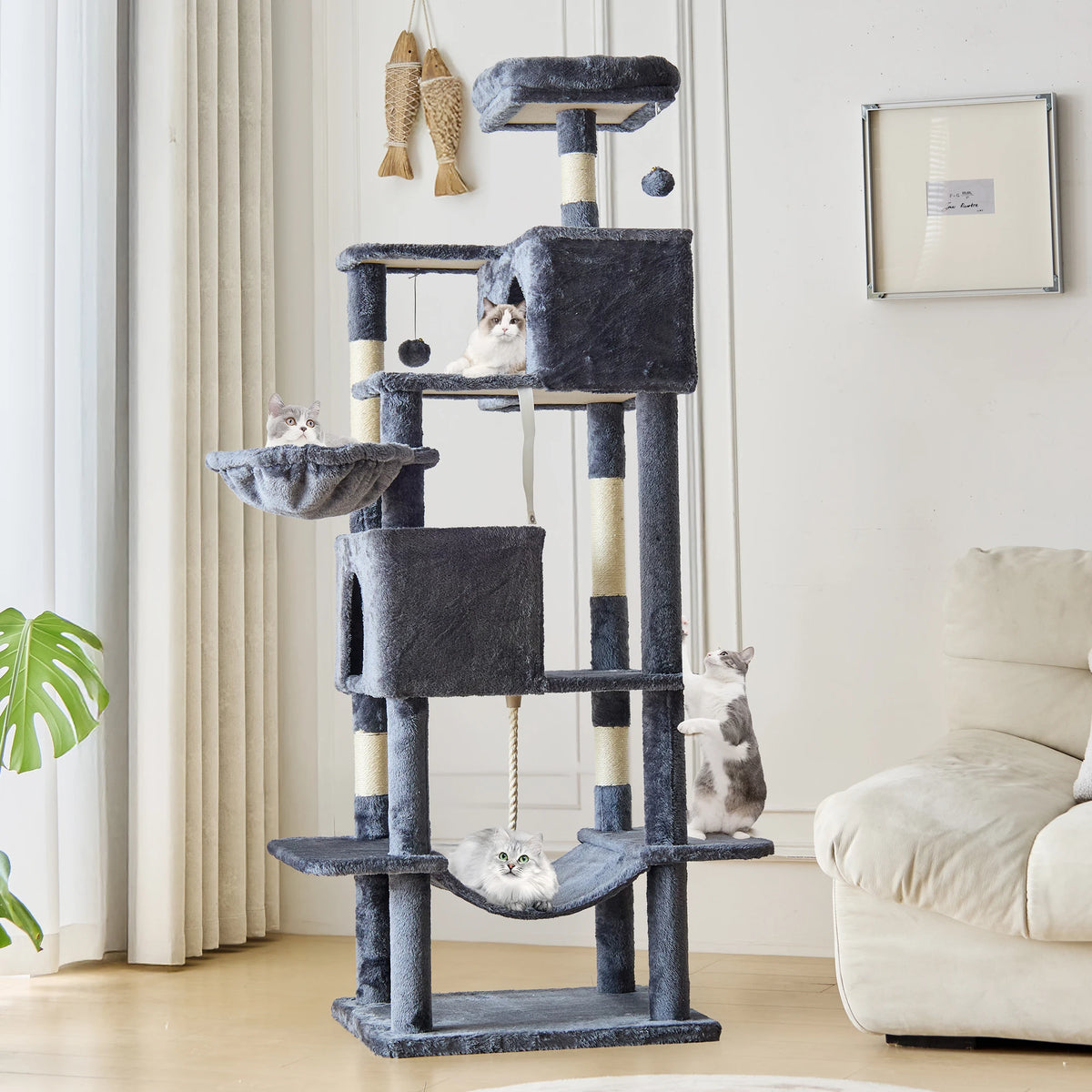 JHK Cat Tree Tower 66 Inch Large Multi Level Cat Climbing Tower with Condo Natural Sisal Scratching Posts Pet House for Indoor