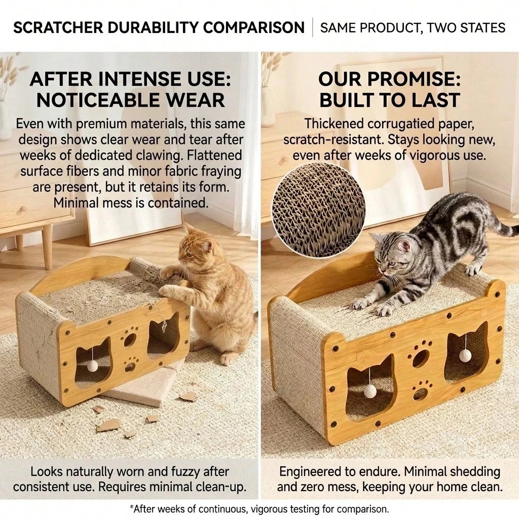2-in-1 Cat Scratcher Bed House with Dangling Toys – Replaceable Corrugated Cardboard, Sisal Surface, Wooden Frame, for Play Sleep & Scratch, Indoor Cats