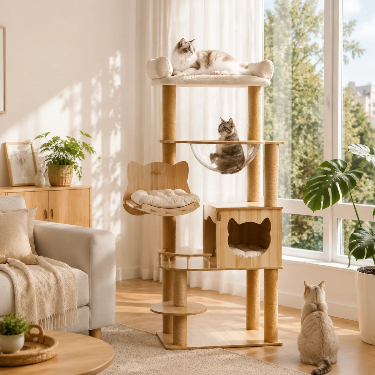 5-Tier 55' Cat Tree with Hammock & Transparent Space Capsule, Wooden Cat Tower with Scratching Posts, Cozy Multi-Level Activity Center for Indoor Cats 140cm