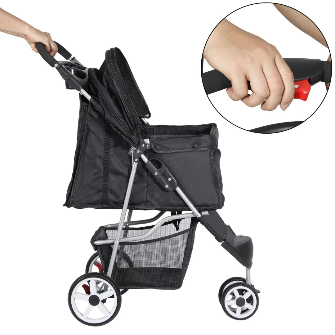 Dog Stroller 3/4-Wheels w/Storage Basket & Cup Holder Foldable Cat Pet Stroller