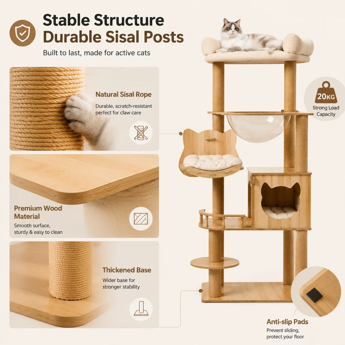 5-Tier 55' Cat Tree with Hammock & Transparent Space Capsule, Wooden Cat Tower with Scratching Posts, Cozy Multi-Level Activity Center for Indoor Cats 140cm