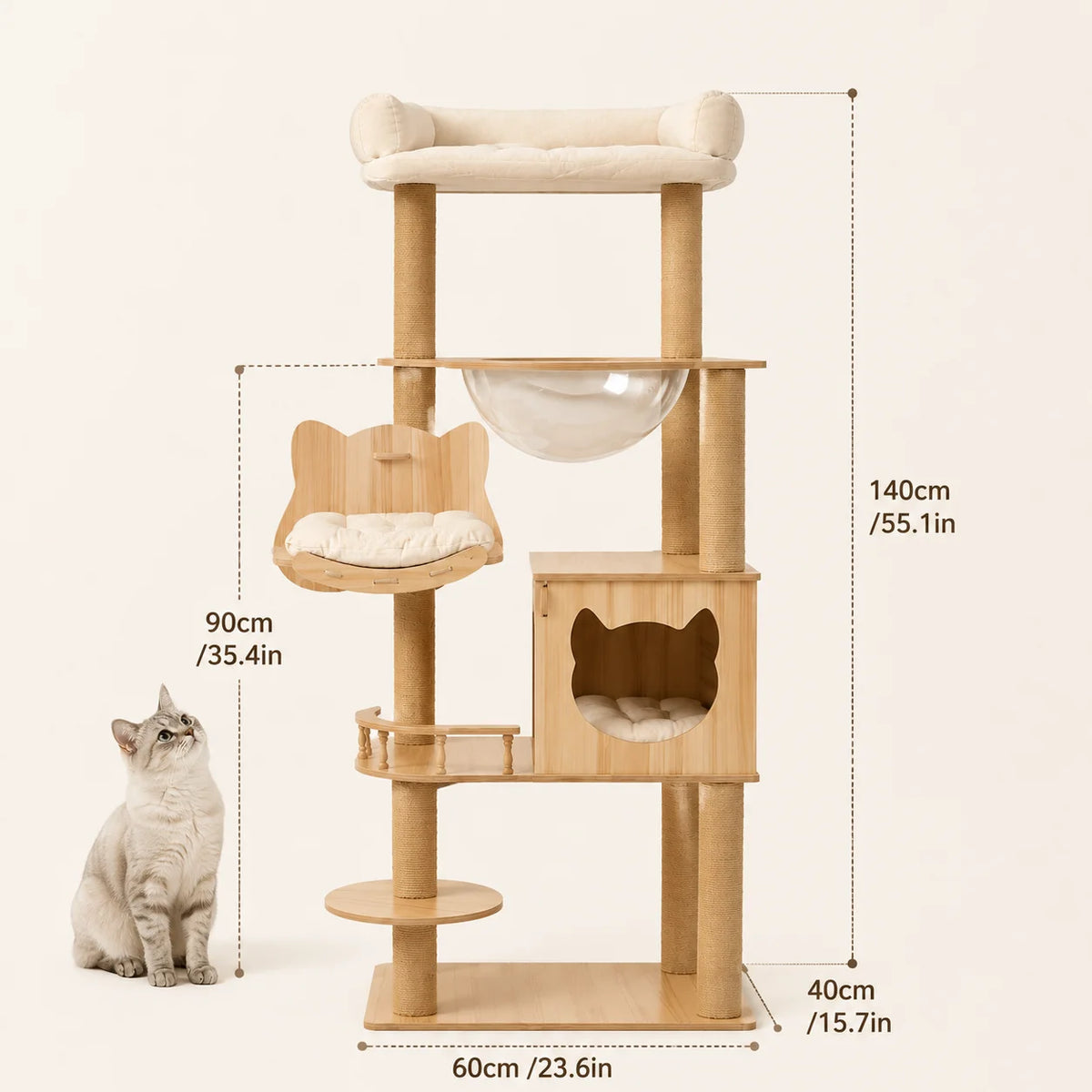 5-Tier 55' Cat Tree with Hammock & Transparent Space Capsule, Wooden Cat Tower with Scratching Posts, Cozy Multi-Level Activity Center for Indoor Cats 140cm