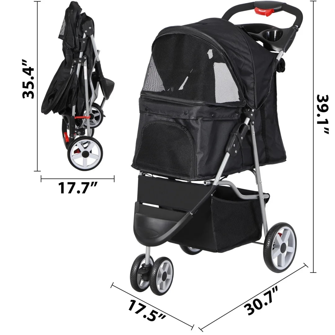 Dog Stroller 3/4-Wheels w/Storage Basket & Cup Holder Foldable Cat Pet Stroller