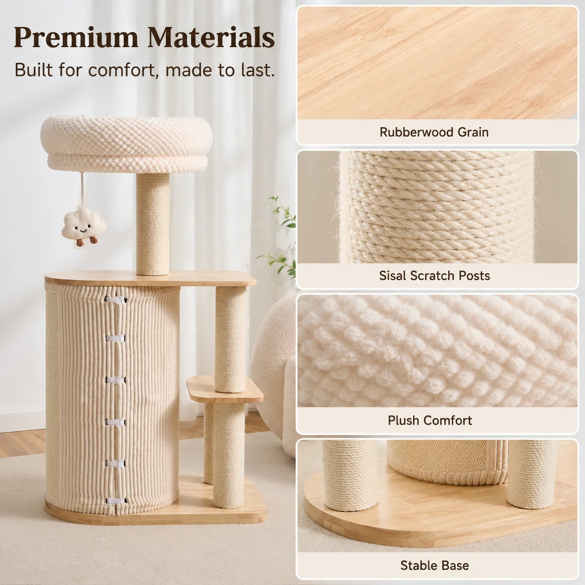 40.9-Inch Modern Wooden Cat Tree for Indoor Cats, Multi-Level Cat Tower with Double Cat Condo, Plush Top Bed, Sisal Scratching Posts and Climbing Platforms