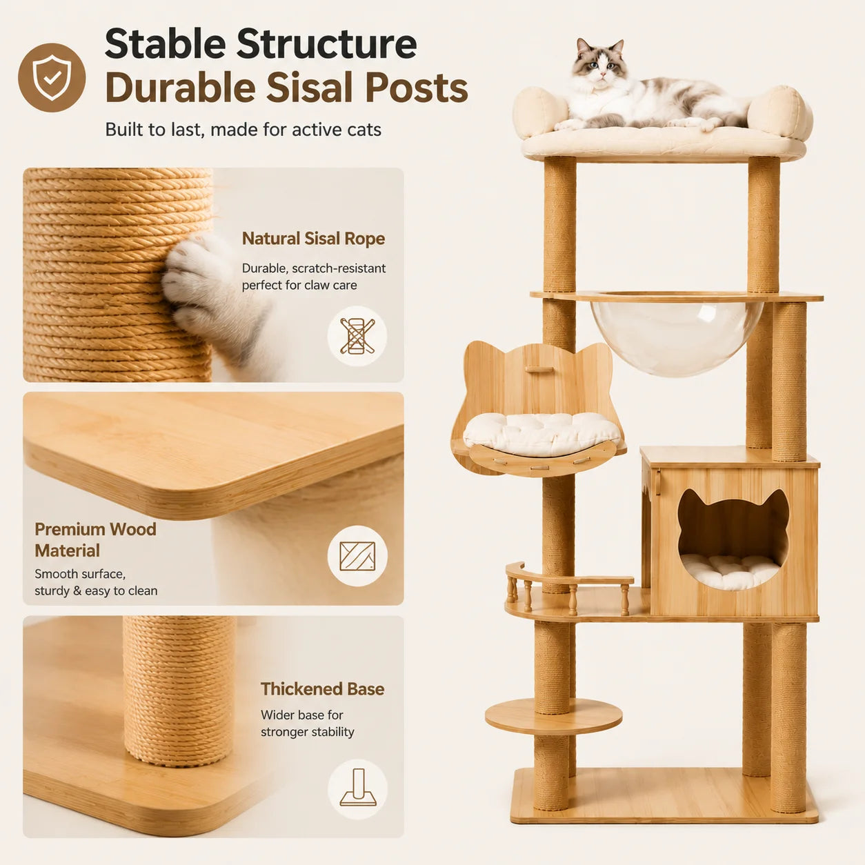 5-Tier 55' Cat Tree with Hammock & Transparent Space Capsule, Wooden Cat Tower with Scratching Posts, Cozy Multi-Level Activity Center for Indoor Cats 140cm