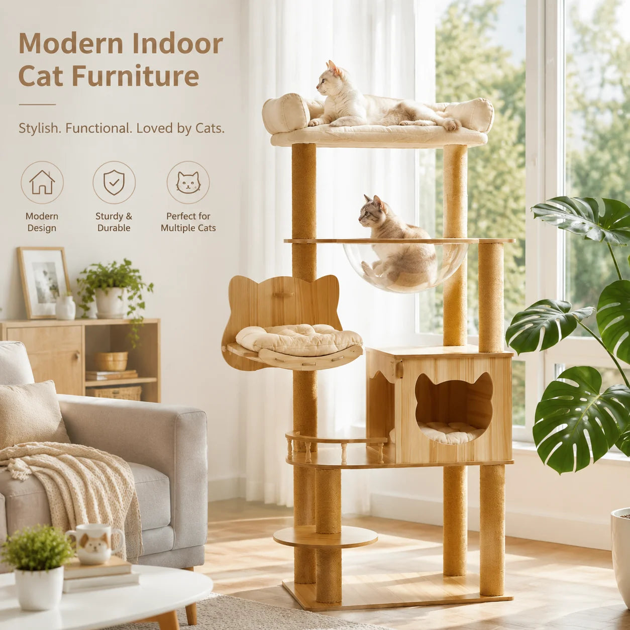 5-Tier 55' Cat Tree with Hammock & Transparent Space Capsule, Wooden Cat Tower with Scratching Posts, Cozy Multi-Level Activity Center for Indoor Cats 140cm