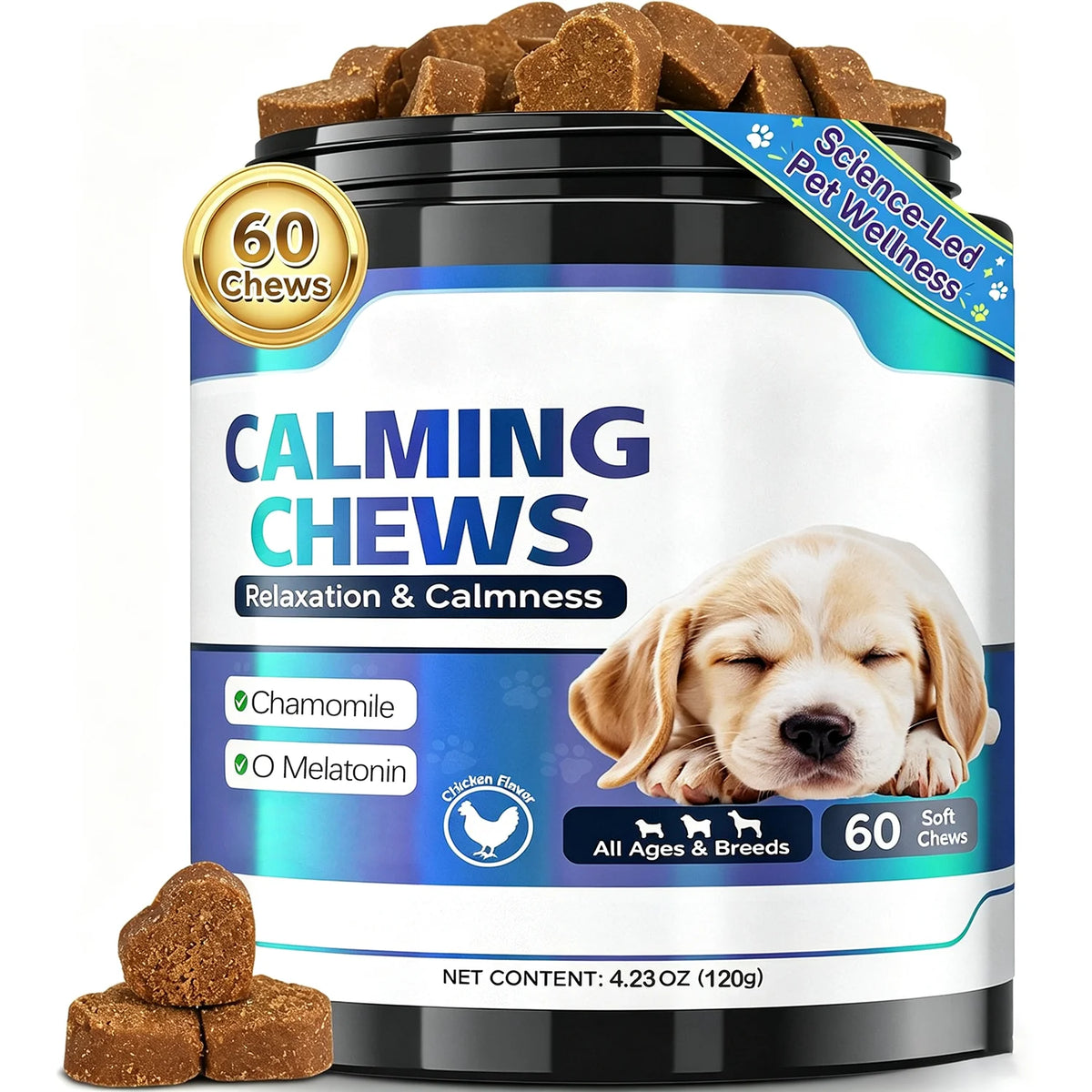 Calming with Melatonin Dog Supplement, Calming Aid for Dogs - Promote Relaxation, Reduce Stress, Motion Sickness - 60 Soft Chews