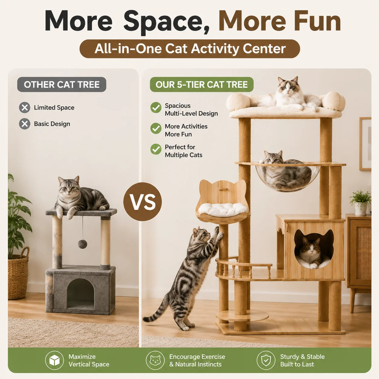 5-Tier 55' Cat Tree with Hammock & Transparent Space Capsule, Wooden Cat Tower with Scratching Posts, Cozy Multi-Level Activity Center for Indoor Cats 140cm