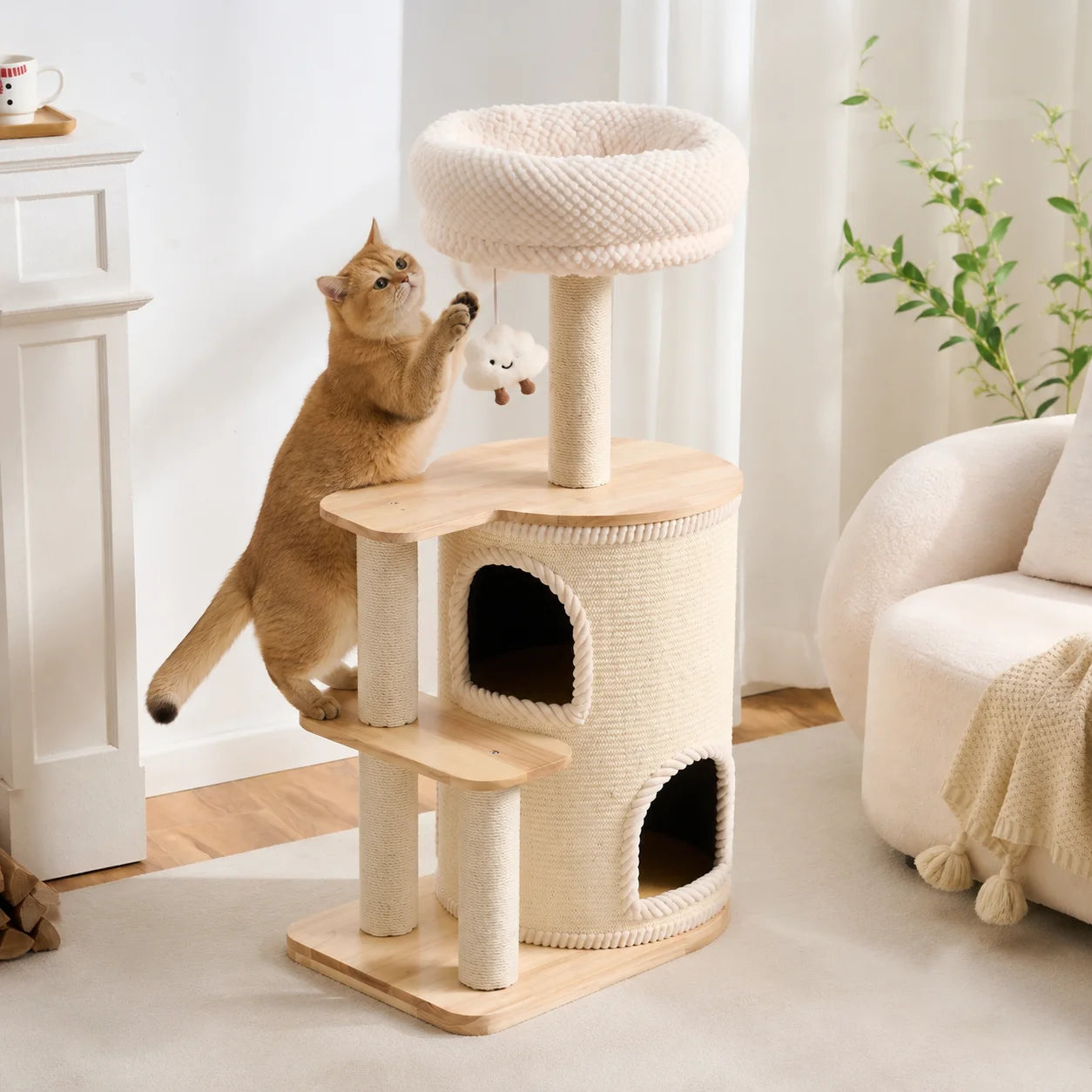 40.9-Inch Modern Wooden Cat Tree for Indoor Cats, Multi-Level Cat Tower with Double Cat Condo, Plush Top Bed, Sisal Scratching Posts and Climbing Platforms