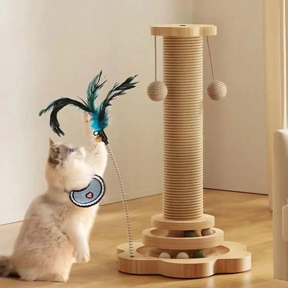 Solid Wood Cat Scratching Post Activity Center Natural Sisal Wrap Multi-Layer Turntable Platform With Rolling Catnip Balls Hanging Pom-poms & Spring Feather Toy Interactive Grinding Claw Play Tower For Indoor Cats