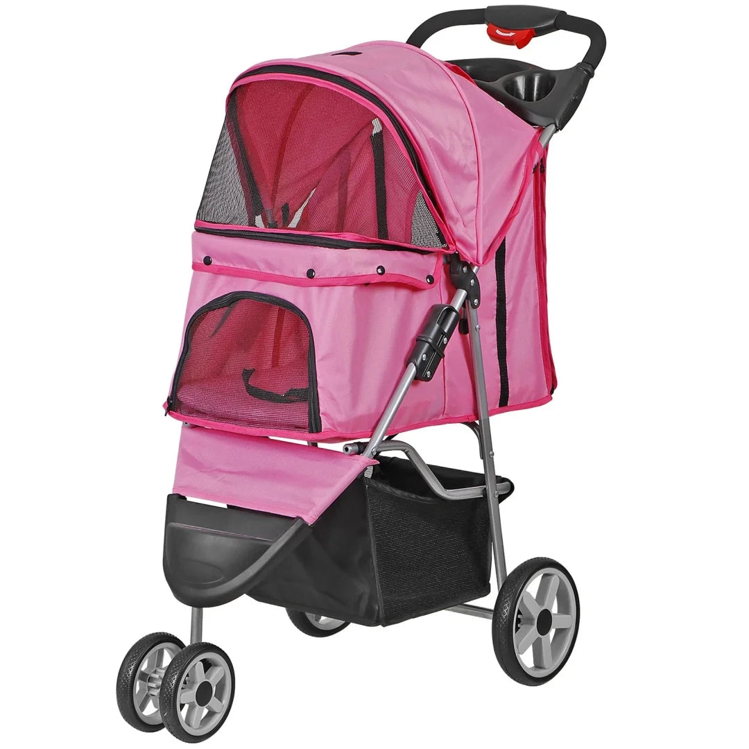 Dog Stroller 3/4-Wheels w/Storage Basket & Cup Holder Foldable Cat Pet Stroller