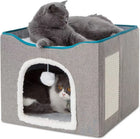 Cat Beds For Indoor Cats - Large Cat Cave For Pet Cat House With Fluffy Ball Hanging And Scratch Pad, Foldable Cat Hideaway, 16.5x16.5x13 Inches, Grey