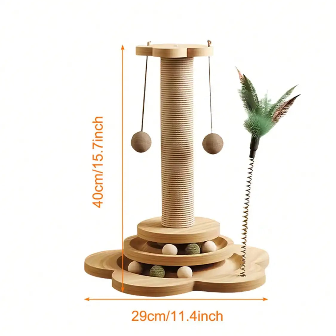 Solid Wood Cat Scratching Post Activity Center Natural Sisal Wrap Multi-Layer Turntable Platform With Rolling Catnip Balls Hanging Pom-poms & Spring Feather Toy Interactive Grinding Claw Play Tower For Indoor Cats