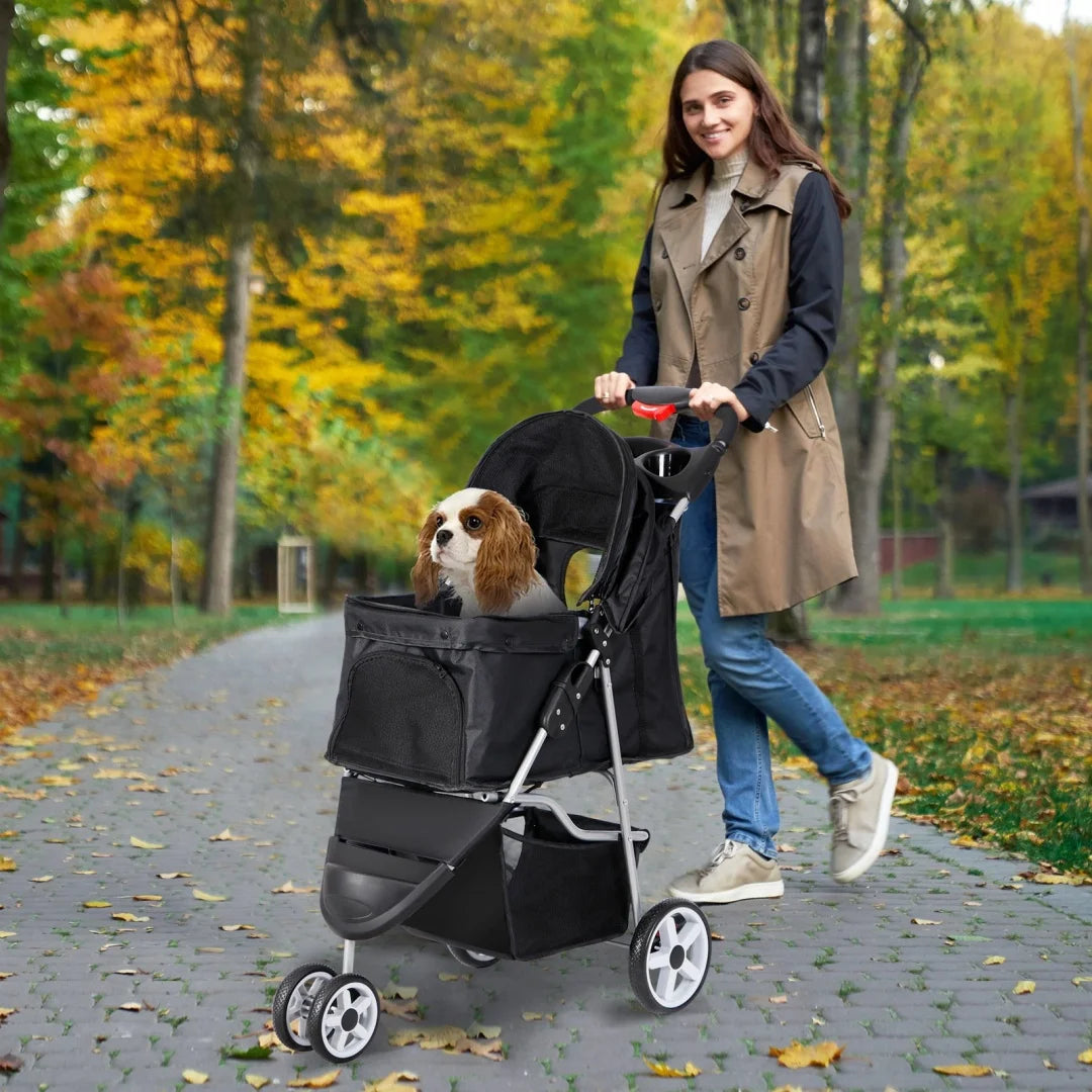 Dog Stroller 3/4-Wheels w/Storage Basket & Cup Holder Foldable Cat Pet Stroller