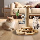 Solid Wood Cat Scratching Post Activity Center Natural Sisal Wrap Multi-Layer Turntable Platform With Rolling Catnip Balls Hanging Pom-poms & Spring Feather Toy Interactive Grinding Claw Play Tower For Indoor Cats