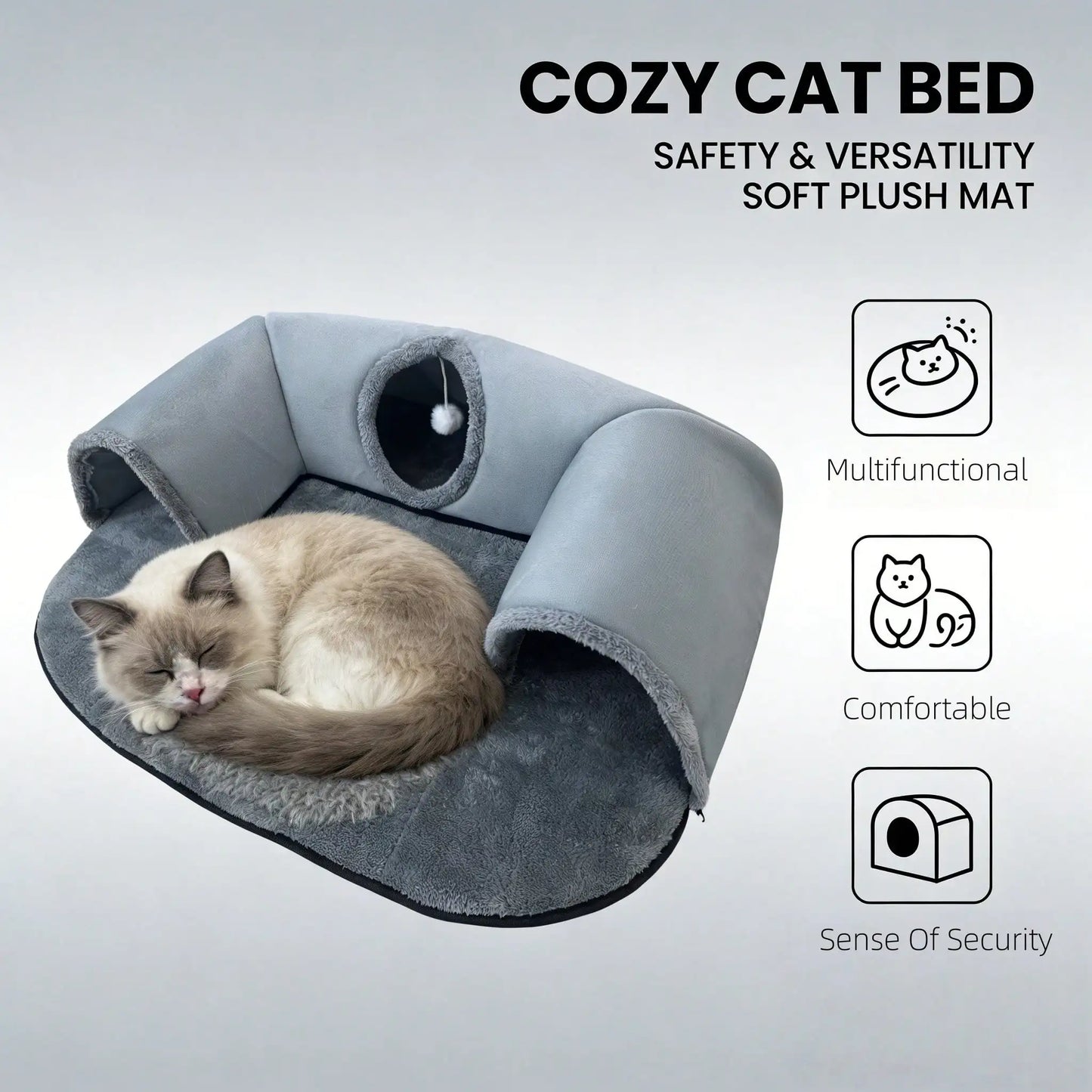 2 In 1 Cat Tunnel Bed With Soft Plush Cushion Multisize Warm Hideaway Cave With Hanging Pom-pom Toy Interactive Play Rest House Washable Pet Sleeping Mat For Kitten Small Indoor Cats