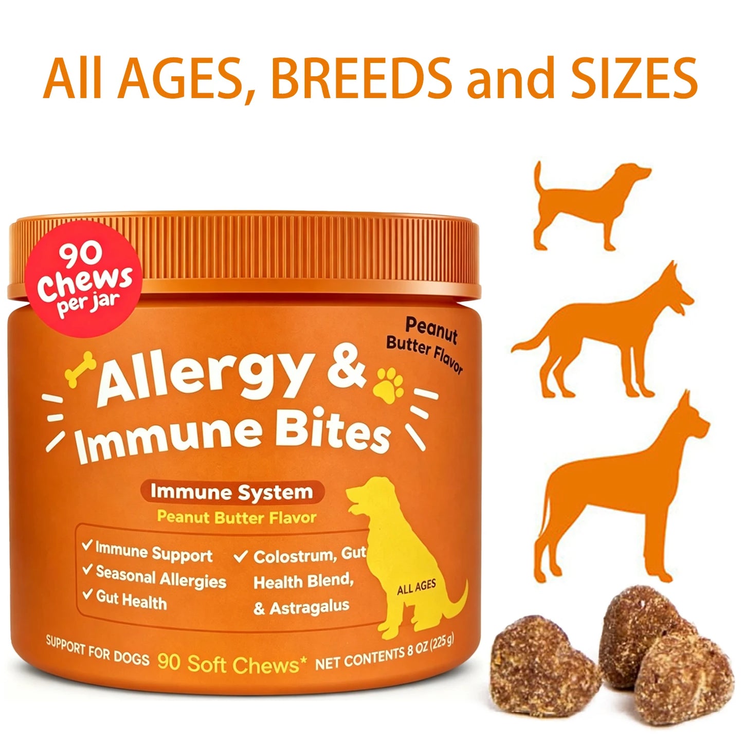 Dog Allergy & Immune Bites for Samll Medium Large, Dog Probiotics Chews for Itchy Skin and Ears - Lamb, Peanut Butter, Salmon