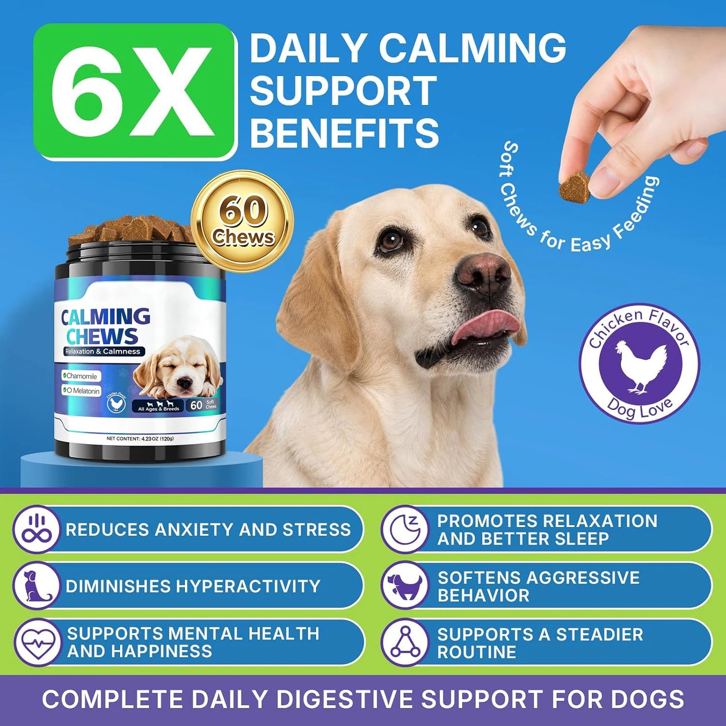 Calming with Melatonin Dog Supplement, Calming Aid for Dogs - Promote Relaxation, Reduce Stress, Motion Sickness - 60 Soft Chews