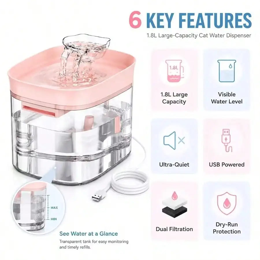 Automatic Pet Water Fountain for Cats and Dogs, USB Powered Circulating Water Dispenser, Quiet Filtered Oxygenated Flowing Water, Large Capacity Easy to Clean, Halloween Christmas Gift (Battery Not Included)