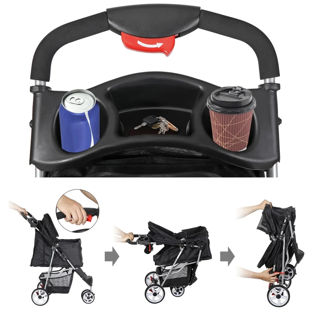 Dog Stroller 3/4-Wheels w/Storage Basket & Cup Holder Foldable Cat Pet Stroller