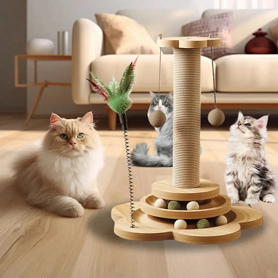 Solid Wood Cat Scratching Post Activity Center Natural Sisal Wrap Multi-Layer Turntable Platform With Rolling Catnip Balls Hanging Pom-poms & Spring Feather Toy Interactive Grinding Claw Play Tower For Indoor Cats