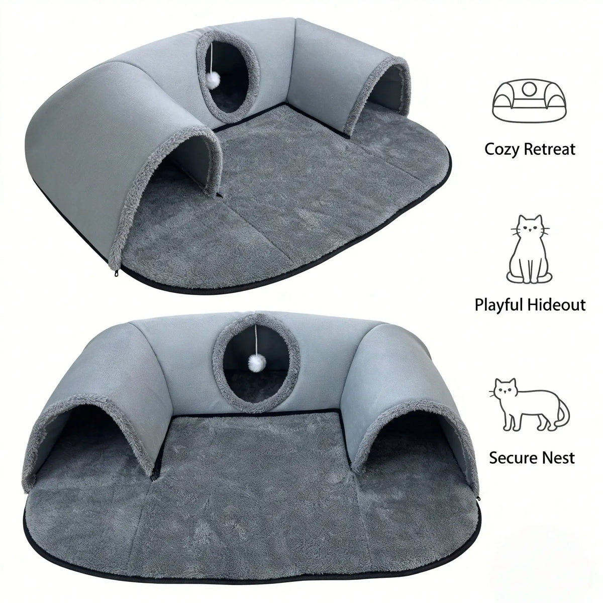 2 In 1 Cat Tunnel Bed With Soft Plush Cushion Multisize Warm Hideaway Cave With Hanging Pom-pom Toy Interactive Play Rest House Washable Pet Sleeping Mat For Kitten Small Indoor Cats